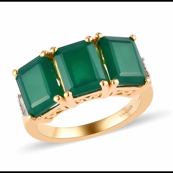 Green Onyx, Diamond 3 Stone Ring in Vermeil YG Over Sterling Silver - Picture 1 of 5